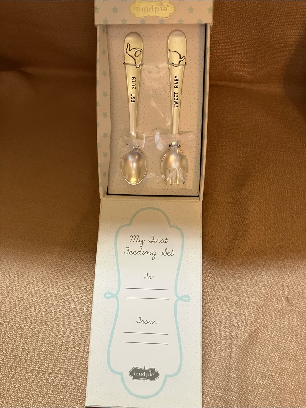 Mud Pie Silver Elephant Baby Spoon & Fork Set with White Bows